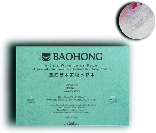 Miniatura 2 de BAOHONG Bloque de papel de acuarela para artistas (20 hojas, pegadas en cuatro bordes), 100% algodón, sin ácidos, 140 libras/300 GSM, suministros