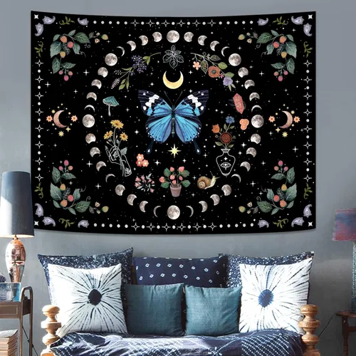 Miniatura 3 de Aipon Tapiz de flores de mariposa azul botánico bohemio para colgar en pared para dormitorio y sala de estar (36.00 pulgadas, 48.00 pulgadas, azul)