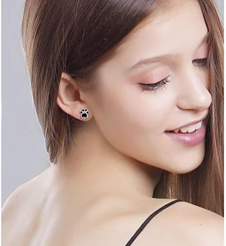 Miniatura 2 de Pendientes de tuerca de plata esterlina S925 con estampado de pata de perro y gato