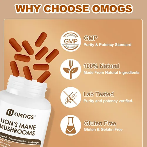Miniatura 7 de OMOGS Cápsulas de suplemento de complejo de hongos extracto 10:1, suplemento de melena de león con Cordyceps, Reishi, para la salud del cerebro