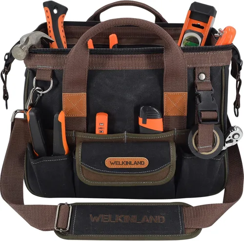 WELKINLAND Bolsa de herramientas de lona de 30 bolsillos, bolsas enceradas de 14 pulgadas de alta resistencia, bolsa de herramientas, electricista