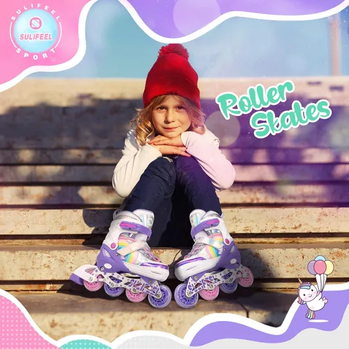 Miniatura 5 de SULIFEEL Patines en línea de unicornio arcoíris para niñas y niños, 4 tamaños, ajustables, con ruedas iluminadas, para niños principiantes b púrpura