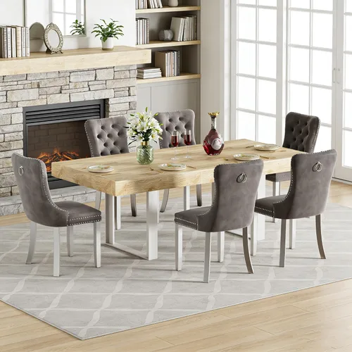 Miniatura 46 de Juego de mesa de comedor extensible de 5 piezas para 4, mesa de cocina de madera marrón de 63-78.7 pulgadas con 4 sillas acolchadas beige, juego