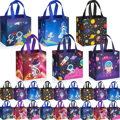 Miniatura 11 de Kigeli 60 bolsas de regalos espaciales de 6 estilos, recuerdos de fiesta espacial, bolsas grandes de regalo no tejidas con asas, bolsa de dulces