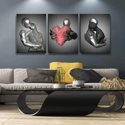 Miniatura 2 de 3 piezas enmarcadas de arte de pared 3D de corazón de amor, escultura de metal, romántica pareja, impresiones de arte abstracto, pósteres