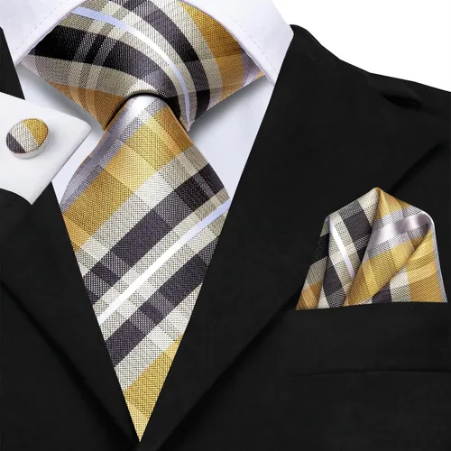 Miniatura 310 de Hi-Tie Corbata clásica de cachemira para hombre con pañuelo y gemelos a cuadros