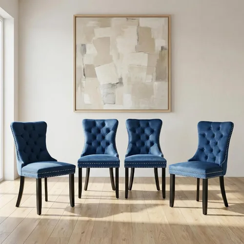 Miniatura 12 de OVENTA Juego de 4 sillas de comedor modernas tapizadas copetudas, terciopelo negro y gris y cuero con patas de madera maciza, sillas de cocina