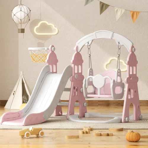 YUFU Juego de Tobogán y Columpio 4 en 1 para Niños Pequeños, Tobogán para Niños con Escalador, Columpio, Aro de Baloncesto, Juego de Interior y