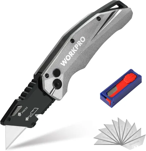Miniatura 12 de WORKPRO Cuchillo Utilitario Plegable, Metal Resistente, Cortador de Caja de Bloqueo de Eje de Apertura Rápida, Cuchillo de Hoja de Cambio Rápido, 1