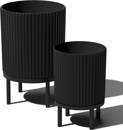 Miniatura 14 de Veradek Demi Series - Maceta redonda con soporte para porche o patio, compuesto de piedra de plástico duradero y soporte de madera, decoración