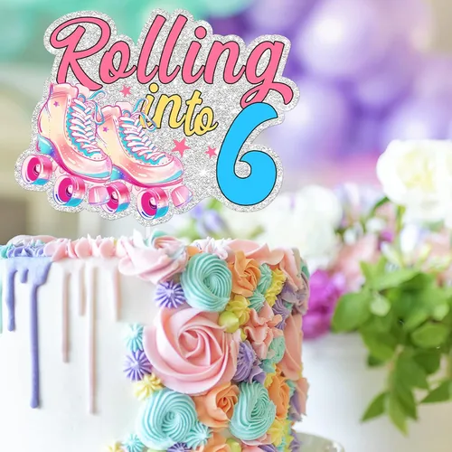 Miniatura 3 de Patines rosados con purpurina para tartas para niños y niñas que se enrollan en 6 suministros de decoración de fiesta de cumpleaños de los años 80
