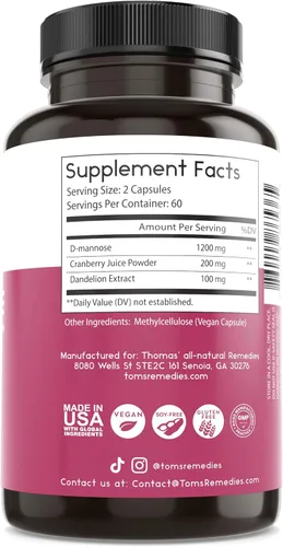 Miniatura 7 de Thomas' all-natural Remedies D-manosa 1200mg - con arándano y diente de león - Apoyo natural para la salud del tracto urinario y las infecciones