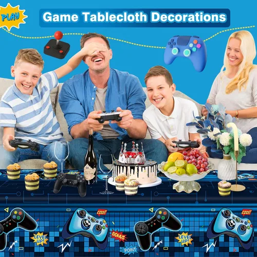 Miniatura 4 de Mantel rectangular de videojuegos, 3 piezas de plástico PE azul desechable, 54 x 108 pulgadas, para decoración de fiesta de cumpleaños de niños