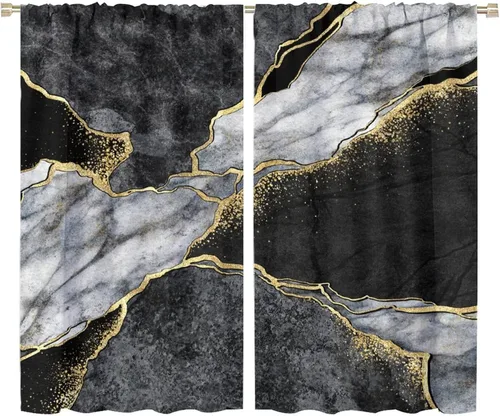 Miniatura 81 de Cortinas abstractas de mármol de lujo de lujo azul marino dorado a rayas con patrón de mármol estampado para dormitorio, sala de estar, cortinas