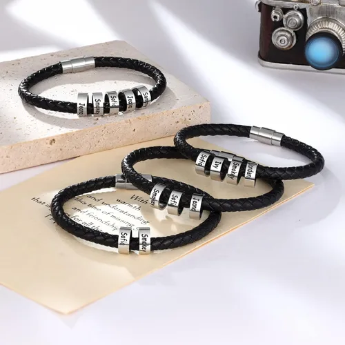 Miniatura 4 de Pulsera personalizada con nombres trenzados negros para hombre, hecha a medida con abalorios, joyería inspiradora familiar, regalo para papá, Cuero