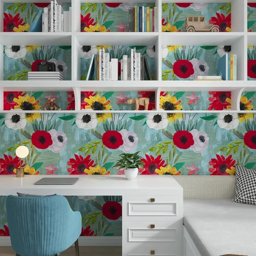Miniatura 6 de CRE8TIVE Papel tapiz floral floreciente de 24 x 118 pulgadas, papel tapiz azul para despegar y pegar, papel de contacto con flores rojas, blancas