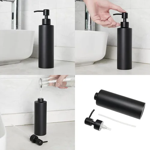 Miniatura 5 de Dispensador de jabón, negro mate con embudo y posavasos antideslizante, acero inoxidable 304, botella desinfectante de manos para baño y cocina