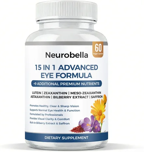 Neurobella Fórmula para ojos, fórmula avanzada 15 en 1 para ojos con los 3 carotenoides, luteína y zeaxantina, azafrán y extracto de arándano