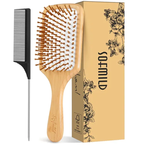 Miniatura 9 de Sofmild Juego de cepillos de pelo de bambú natural para mujeres, hombres y niños, cepillo desenredante para cabello grueso y rizado y húmedo