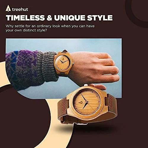 Miniatura 4 de Treehut - Reloj de pulsera analógico para hombres, de madera con correa de piel auténtica, estilo elegante., Marrón Natural 1