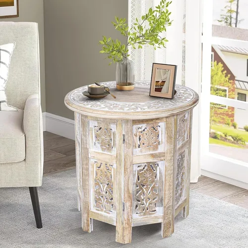 Mesa auxiliar en madera de mango - Mesa auxiliar de madera maciza artesanal, mesa de acento tallada para decoración de sala de estar, dormitorio o