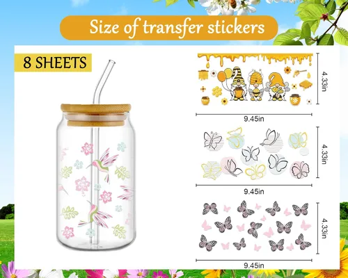 Miniatura 2 de Rngmsi Envoltura de Taza UV DTF - 8 Hojas Envolturas de Taza UV DTF de Abeja para 16 oz, Calcomanías Uvdtf de Gnomos Mariposa Panal, Calcomanías