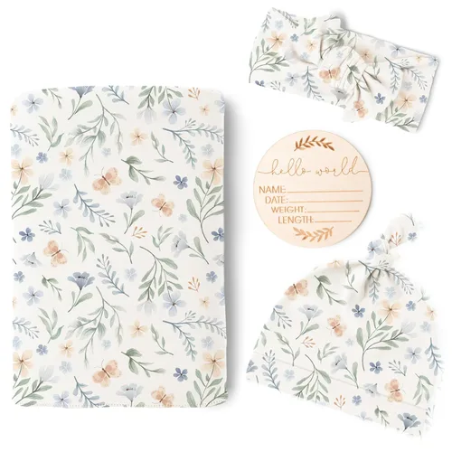 Miniatura 10 de Konssy Manta de Recién Nacida para Bebé Niña con juego de Banda para la Cabeza y Gorrito Set Manta Envolvente para Bebé para Guardería Crema