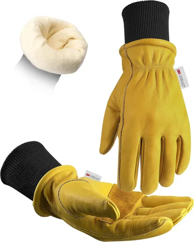 DULFINE Winter Leather Work Gloves for Men and Women,3M Thinsulate Lining for Cold Weather Work, Thermal Insulated Gloves Amarillo/muñeca de punto