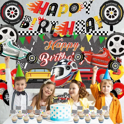 Miniatura 6 de Decoraciones de fiesta de cumpleaños de coche de carreras, 34 globos de decoración, incluye pancarta, globo, telón de fondo, tela, casco