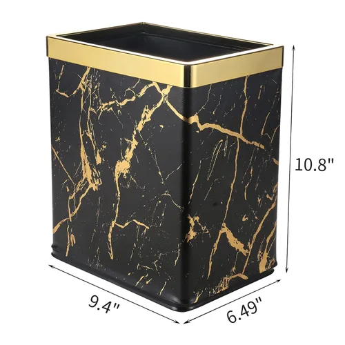 Miniatura 5 de Basurero pequeño de oficina para dormitorio, papelera rectangular delgada para baño, cocina, 2.6 galones (mármol negro dorado)