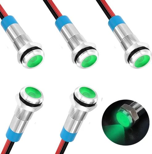 smseace Paquete de 5 1/4'' (6mm) AC/DC12-24V Luz indicadora LED Impermeable IP65 Luces LED de 24 voltios Lámpara piloto metálica verde Luz