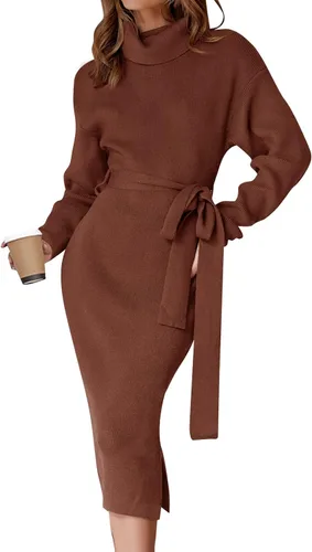 Miniatura 77 de ZESICA - Vestido por debajo de la rodilla de suéter, de cuello alto, para mujer, de manga larga, de punto acanalado, con abertura y cinturón