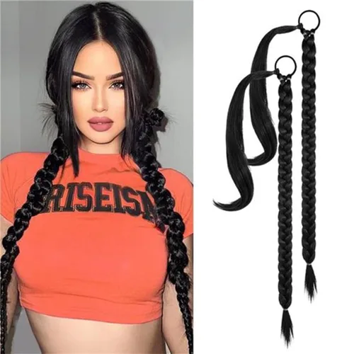 Miniatura 8 de Extensión de cola de caballo de trenza larga con lazo elástico, 1 unidad, extensiones de cabello sintético lacio y elegante envolvente para mujer