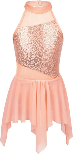 Miniatura 5 de YiZYiF Vestido de baile de lentejuelas para niños y niñas, leotardo de ballet, cuello alto, vestido lírico, traje de rendimiento irregular