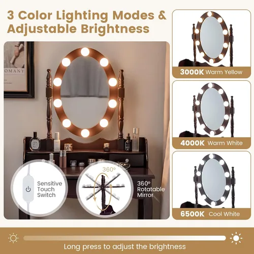Miniatura 3 de Byroce - Juego de tocador con taburete acolchado, mesa de maquillaje con espejo ovalado iluminado giratorio de 360°, 3 cajones, 10 luces LED