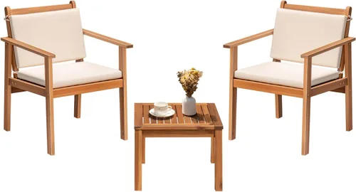 Miniatura 8 de Greesum Juego de 3 sillas de chat para exteriores con cojines resistentes al agua y mesa auxiliar para playa, patio trasero, jardín, beige Blanco