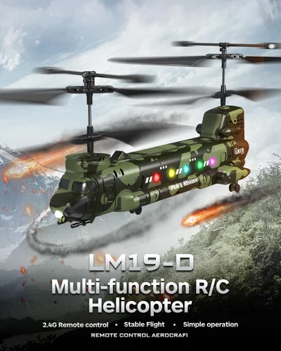 Miniatura 2 de Helicóptero de control remoto Chinook del ejército, helicóptero RC de transporte militar LM19-D, retención de altitud, despegue y aterrizaje con una