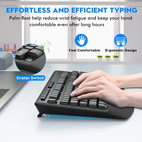 Miniatura 3 de Combo de teclado y mouse inalámbricos, E-YOOSO 2.4GHz, teclado inalámbrico ergonómico de tamaño completo con reposa muñecas, mouse USB inalámbrico
