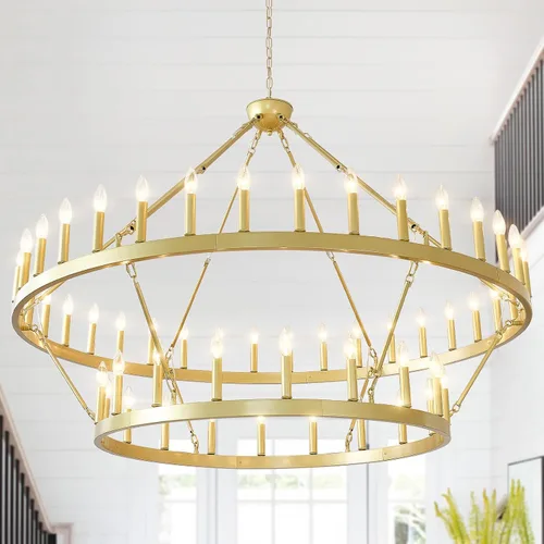 Miniatura 8 de EGM Candelabro dorado de 48 pulgadas con rueda de carro de 2 niveles, 36 luces grandes de color dorado cepillado estilo granja, lámparas de techo