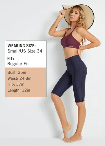 Miniatura 5 de BALEAF Pantalones cortos de natación largos hasta la rodilla para mujer UPF 50+ de cintura alta, pantalones capri con bolsillos