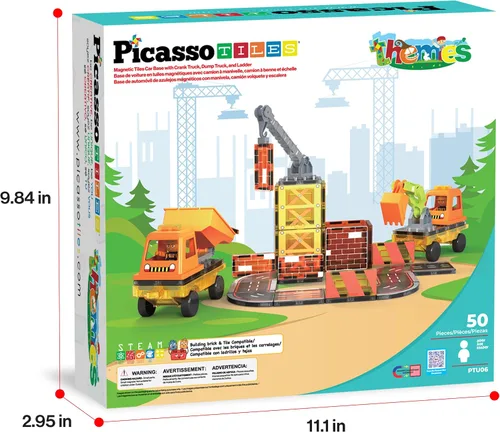 Miniatura 9 de PicassoTiles Azulejos Magnéticos de Construcción Temáticos Bloques de Construcción 5-en-1 Grúa, Escalera, Camión Volquete, Excavadora