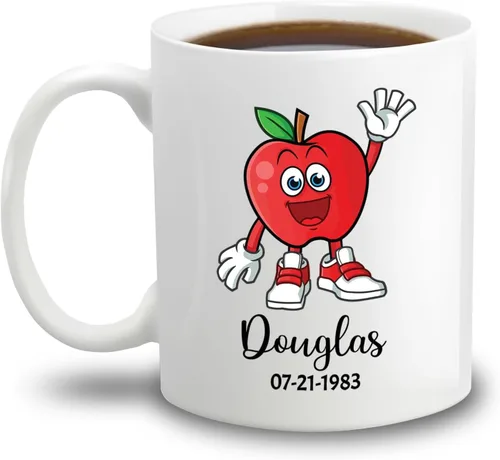 Taza de café blanca personalizada con mano agitada de manzana con nombre de bebé, taza de cerámica personalizada para amantes de la fruta de