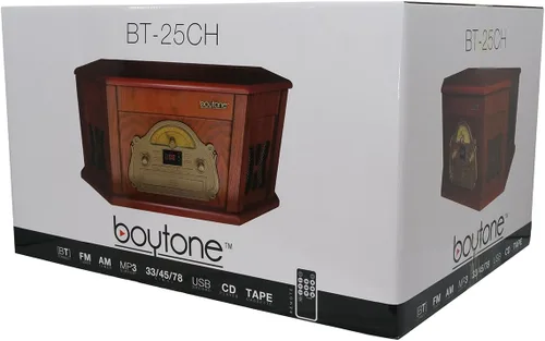 Miniatura 7 de Boytone BT-25CH 8-en-1 Sistema de tocadiscos clásico de madera natural estéreo con conexión Bluetooth, reproductor de discos de vinilo, AM/FM, CD