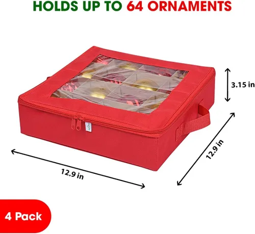 Miniatura 5 de ProPik 4 Piezas Cajas de Almacenamiento de Adornos Navideños con Divisores 4 Bandejas Individuales con Capacidad para 64 Bolas de Decoración Rojo