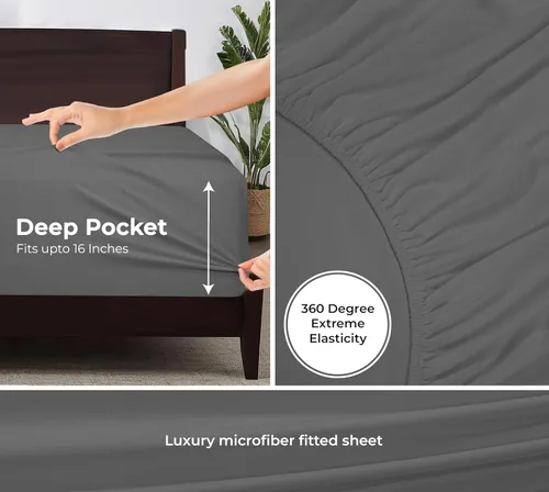 Miniatura 3 de Royale Linens Paquete de 2 sábanas bajeras, sábanas elásticas, sábana bajera tamaño Queen, suave y transpirable, microfibra cepillada de 1800, Gris
