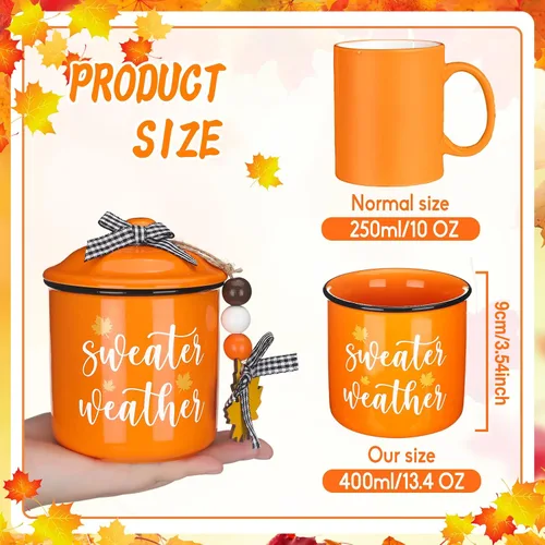 Miniatura 3 de Tanlade Tazas de café de otoño de Acción de Gracias, tazas blancas y naranjas con tapa, taza de cerámica con lazo a cuadros de búfalo y cuentas