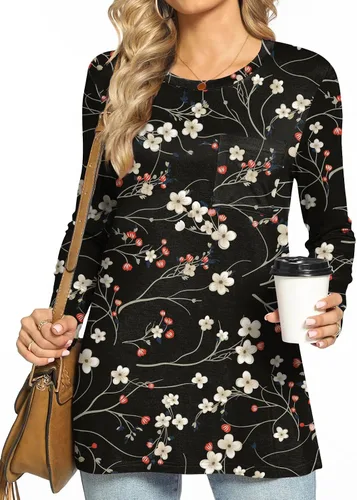 Miniatura 2 de HOTGIFT Blusa de manga larga con cuello redondo para mujer, para otoño, invierno, holgada, cómoda, suave, con bolsillo