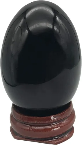 Fekuar Figura de huevo de piedra, cristal curativo pulido, escultura de esfera con soporte de madera, obsidiana negra natural, 1.8 pulgadas