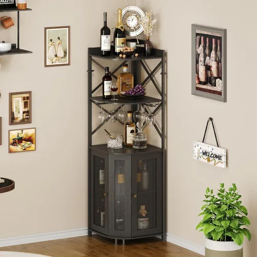 Miniatura 7 de JKsmart Gabinete de Bar de Esquina con Luces LED, Gabinete de Bar de Vino Industrial de 5 Niveles con Portavasos, Gabinetes de Licor Estilo Granja