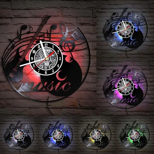 The Geeky Days Electric Guitar with Musical Notes LED Lighting Vinyl Record Wall Clock for Rock Band Music Room Studio Guitarist Musician Home Decor